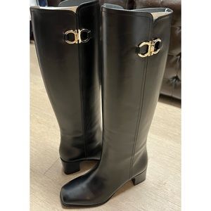 Salvatore Ferragamo Gancini Knee High Black Leather Boots
